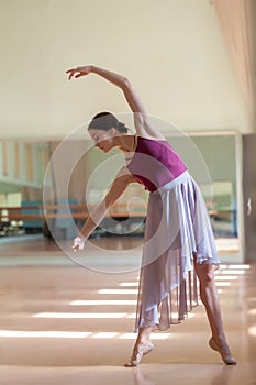 Classic ballet dancer posing at barre on rehearsal