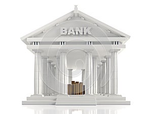Classic bank building with piles of golden coins