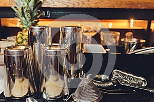 Classic bar cocktail shaker, bartender tools, a set of equipmen, Selected focus.