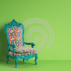 Classic baroque armchair in colorful pop art style on green background with copy space