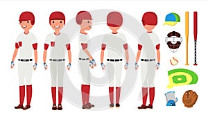 Classic Baseball Player Vector. Classic Uniform. Different Action Poses. Flat Cartoon Illustration