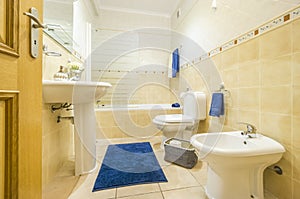 Classic bathroom with blue towels and rug