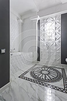 Classic bathroom with minimalistic white and gray interior design