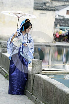 Classic beauty in China, woman in Hanfu dress enjoy free time