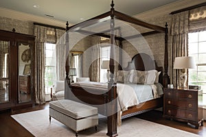 classic bedroom with four-poster bed, armoire, and nightstands