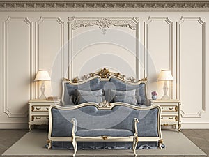 Classic bedroom furniture in classic interior.Walls with mouldings,ornated cornice