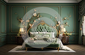 a classic bedroom with green walls and gold fixtures