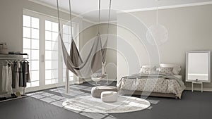 Classic bedroom, minimalistic interior design, with scandinavian