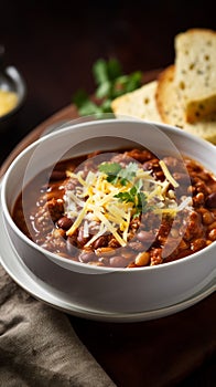 Classic Beef Chili in a deep white bowl, generativ ai