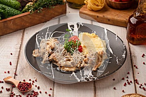 Classic beef stroganoff with mashed potatoes