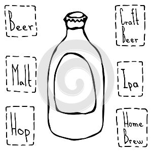 Classic Beer Bottle. Hand Drawn Vector Illustraition.