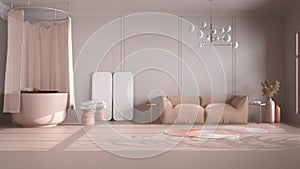 Classic beige background with copy space: empty bathroom with vintage round bathtub, shower curtain, carpet, sofa, mirrors, stool