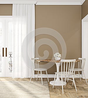 Classic beige empty interior room with dinner table, chairs, curtain, wooden floor and flowers.