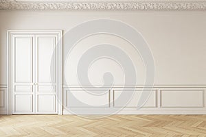 Classic beige interior with door, moldings and parquet.