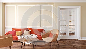 Classic beige interior living room with red sofa and armchairs.