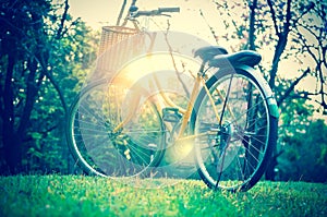 Classic Bicycle at sunset in the park or deep forest