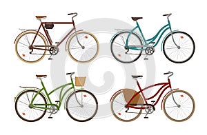 Classic bike, set icons. Retro bicycle, cycle, transport. Cartoon vector illustration