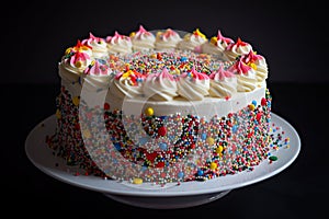 classic birthday cake with colorful, piped frosting and sprinkles