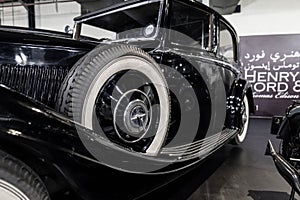 Classic black 1934 United Kingdom luxury car close up side view