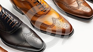 Classic black and brown brogue shoes side by side on a white background