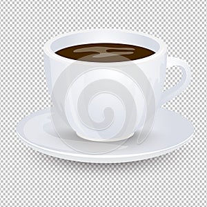 Classic black coffee in a white cup with a saucer isolated on a transparent background. Favorite morning drink. Vector illustratio