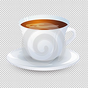 Classic black coffee in a white cup with a saucer isolated on a transparent background. Favorite morning drink. Vector illustratio