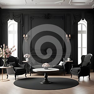 Clásico negro muro listones café mesa flores sillones 