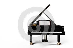Classic black grand piano with open lid on white background