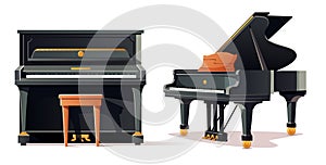 Classic black grand piano and upright piano. Two types of pianos. Musical instrument. Vector illustration for design