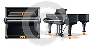 Classic black grand piano and upright piano. Two types of pianos. Musical instrument. Vector illustration for design