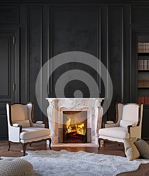 Classic black interior with fireplace, armchairs, moldings, wall pannel, carpet, fur.