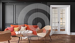 Klasický černý obývací pokoj pohovka a křesla. ilustrace zesměšňovat nahoru 