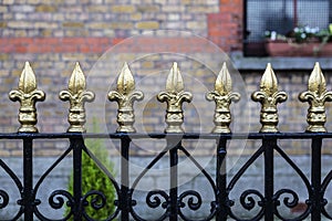 Classic black metal fence with golden tips as background