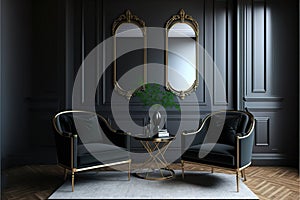 Classic black modern interior empty room with lounge armchairs, table and mirrors.hyperrealism, photorealism, photorealistic