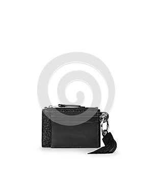 Classic black sling bag with silver chain design on the strap with white background