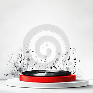 Vinyl Record on Stage with Musical Notes Background.