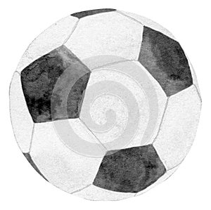 Classic black and white football soccer ball drawing. One single watercolor sport ball