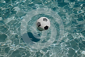 Classic black and white soccer ball floating in bright blue swimming pool water. leisure and sports concept. calm and