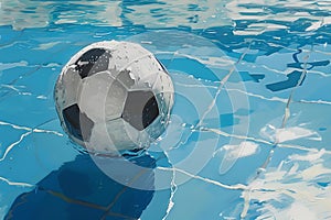 Classic black and white soccer ball floating in a clear blue swimming pool. summer sports concept with refreshing feel