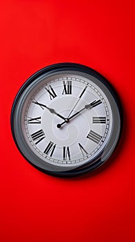 Classic Black and White Wall Clock on Vibrant Red Background Time Management, Vintage Design, Minimalist Decor