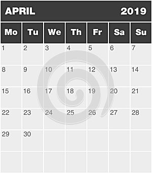 Classic blank month greyscale planning calendar - April 2019