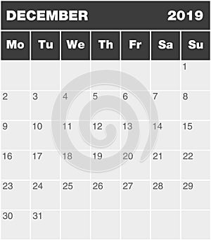 Classic blank month greyscale planning calendar - December 2019