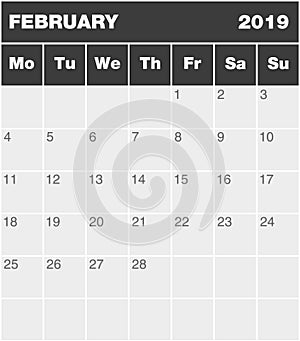 Classic blank month greyscale planning calendar - February 2019