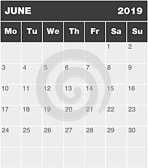 Classic blank month greyscale planning calendar - June 2019