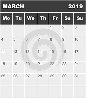 Classic blank month greyscale planning calendar - March 2019
