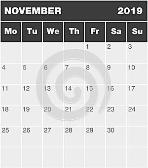 Classic blank month greyscale planning calendar - November 2019