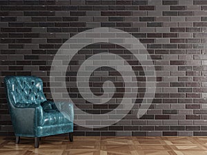 Classic blue brown leather armchair standing in front of black brick wall with copy space