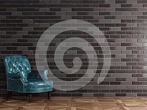 Classic blue brown leather armchair standing in front of black brick wall with copy space