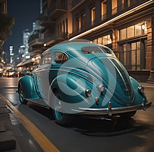 Classic blue car on the street at night. 3d rendering.