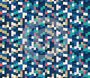 Classic Blue Close Up Mini Pixel Grid MosaicTexture Background. Dark Abstract Macro Seamless Pattern. Indigo, Red and White.